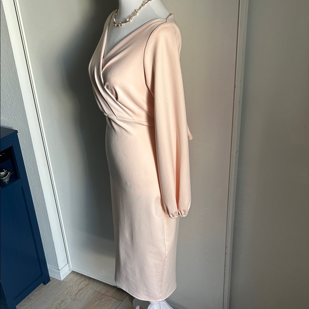 Blume London Boutique Sophisticated Surplice V-Neckline Midi Blush Dress - Picture 3 of 11